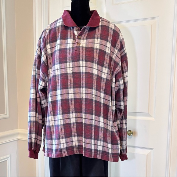 Classic Retro Burgundy Plaid Long Sleeve Polo Shirt XL - Picture 1 of 10